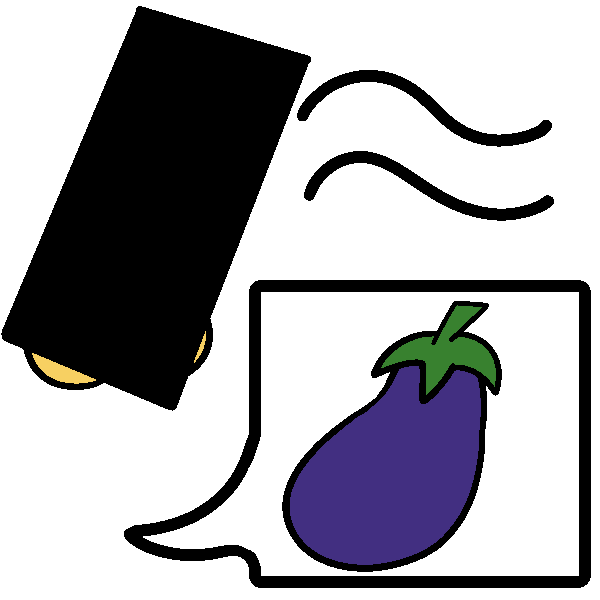 A black vertical censor bar implied to be a penis next to a wavy equals sign, with a speech bubble beneath it. Inside the speech bubble is an eggplant.